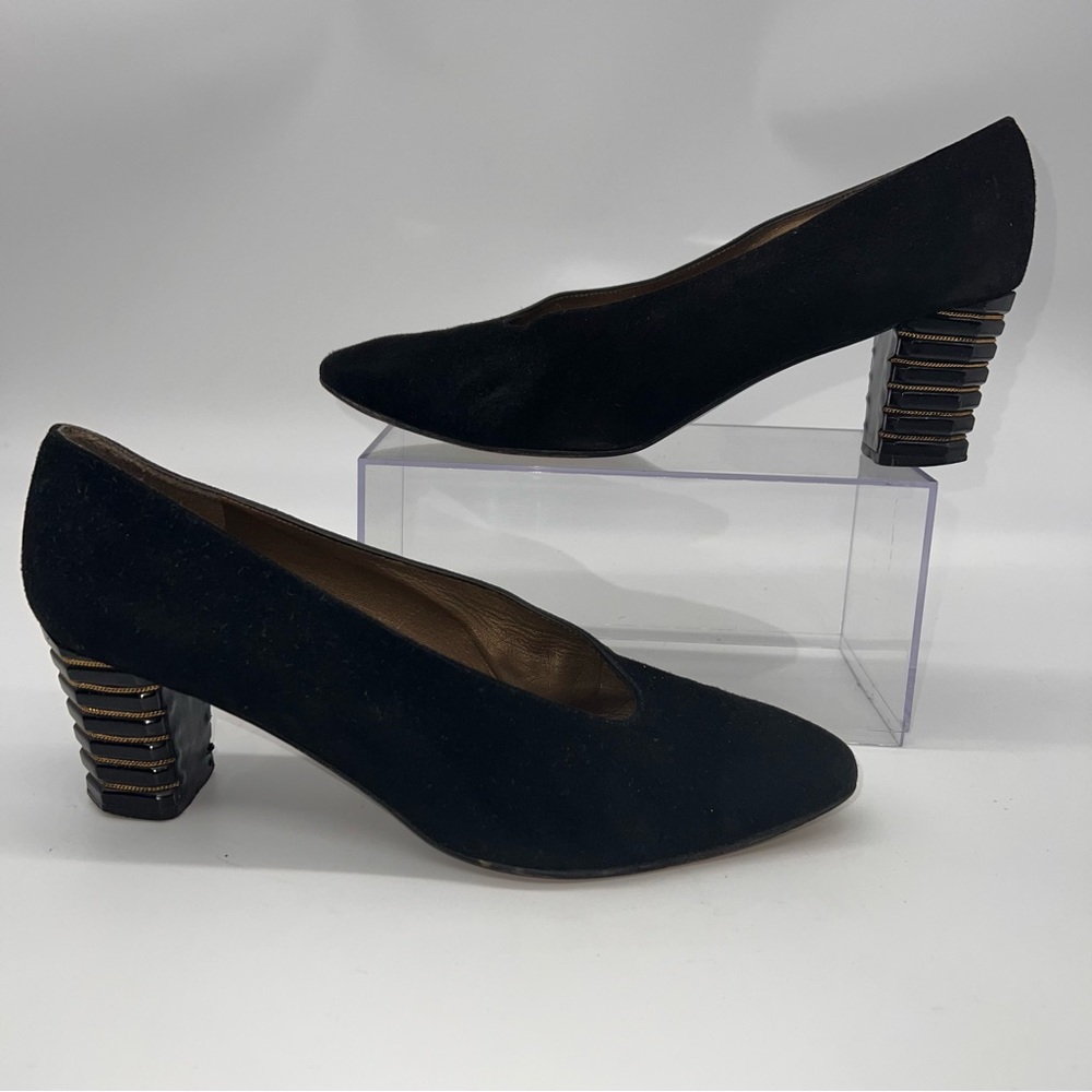 Vintage Stuart Weitzman Suede Pumps w/Beveled and Chain Accented Heels-Size 8.5